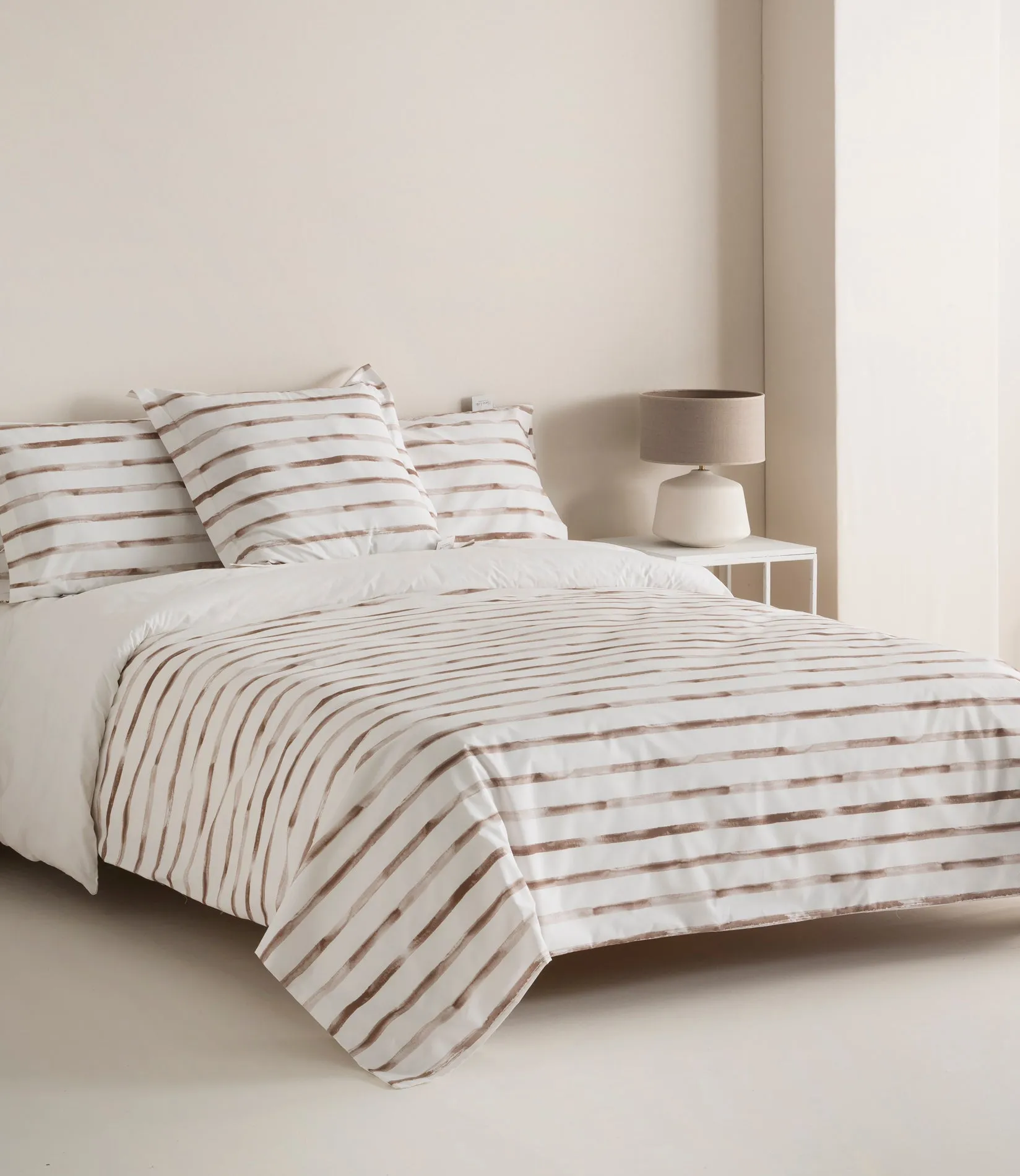 Funda Nórdica Reversible Percal 200h Cama 135 - Rayas Beige